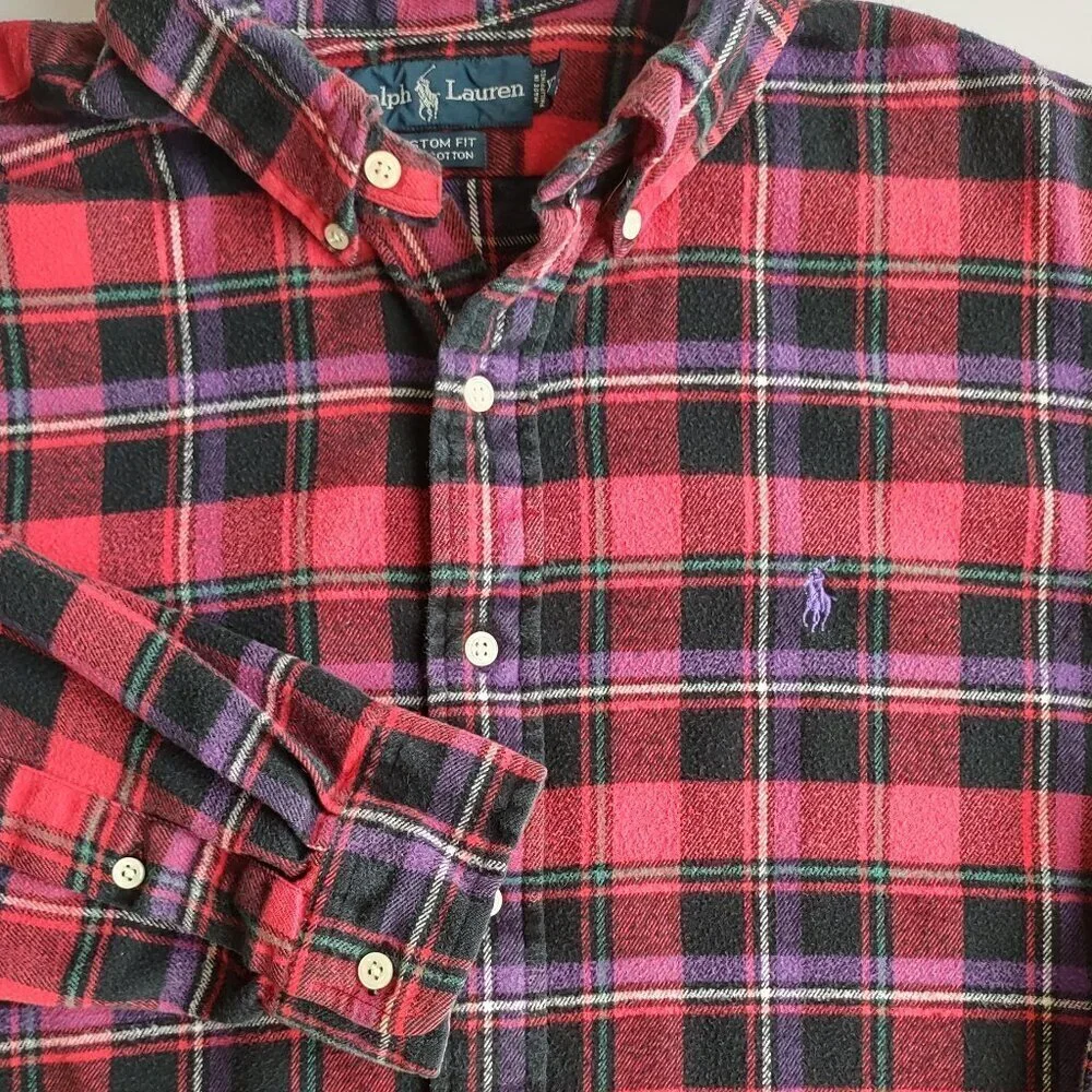 Ralph Lauren Mens Plaid Flannel Shirt Size XL Polo Pony Custom Fit Long Sleeve